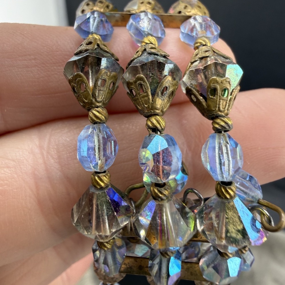 Vintage Estate Wrap Bracelet Blue Aurora Borealis Crystal Filigree 6in